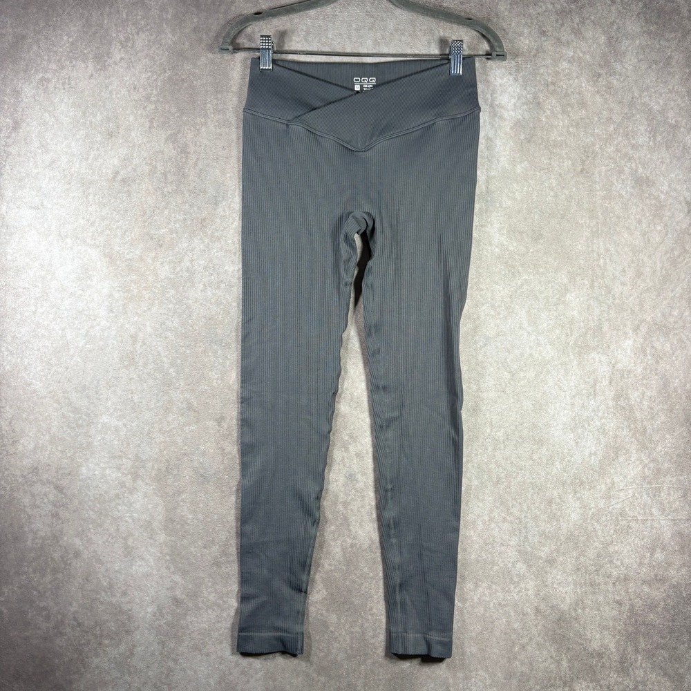 OQQ Leggings Womens Medium Gray Rib Knit V-Shaped High Waisted Yoga Pilates